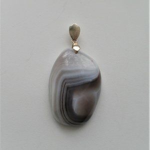 Vintage Large Solid Sterling Silver 925 Brown White Grey Banded Agate Pendant